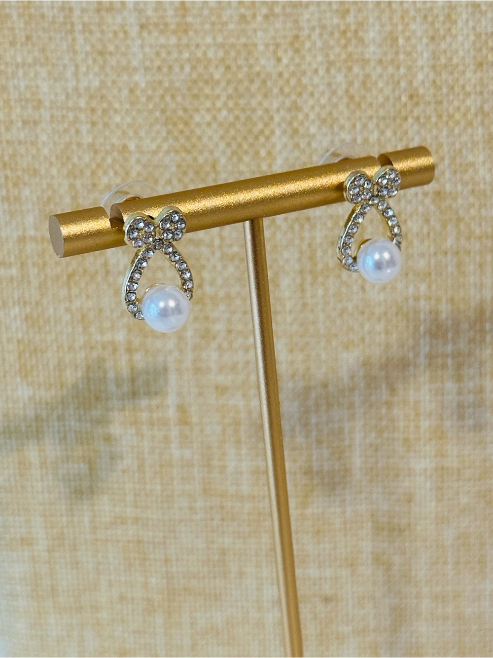 Fashion Jewelry Gold Bow Crystal & Pearl Drop Earrings